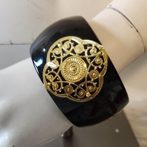 Vintage Chunky Black Lucite Bangle Encased Gold Filigree 2"
